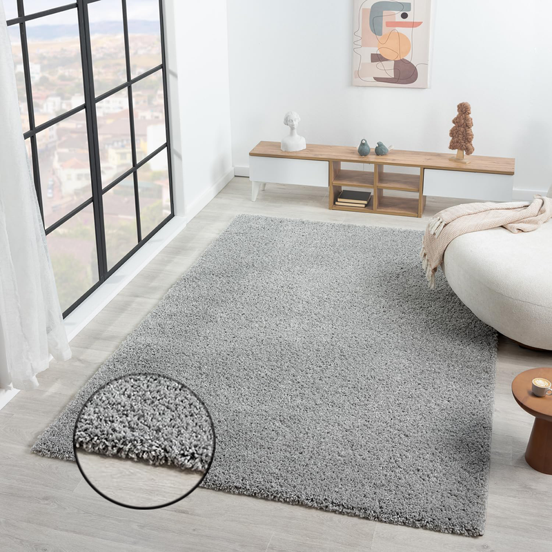 Prime Shaggy High Pile Rug, Solid Grey, Soft, for Living Room, Bedroom, Kitchen-zoom-