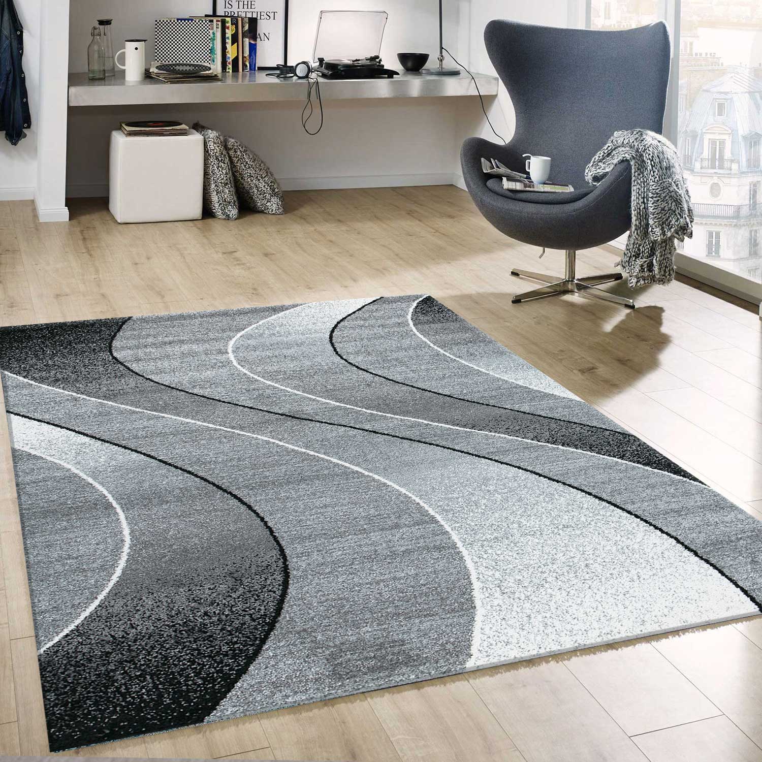 Short-pile rug with geometric curve pattern, mottled grey and anthracite, for living room, bedroom, kitchen