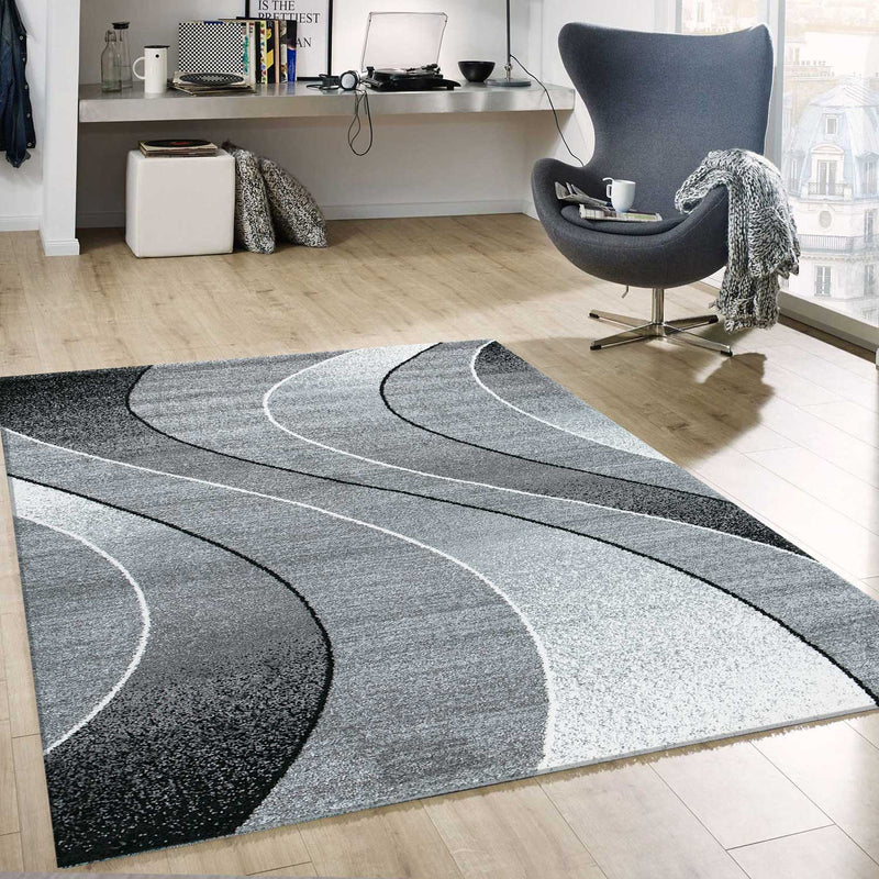 Short-pile rug with geometric curve pattern, mottled grey and anthracite, for living room, bedroom, kitchen-zoom-