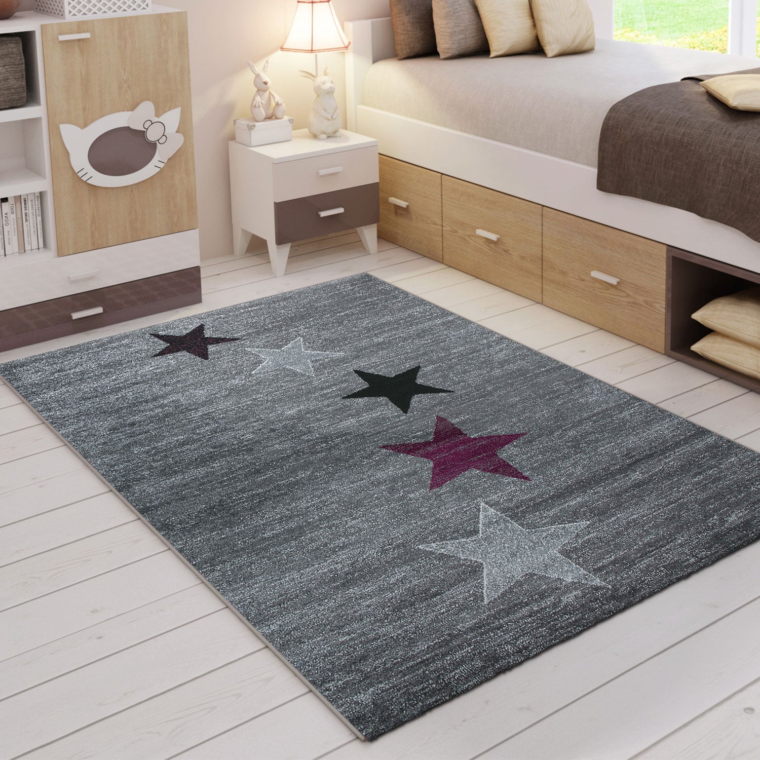 Modern Art Nouveau Short Pile Rug in Grey, Purple, and Black with Star Pattern, for Living Room, Bedroom, Kitchen-1