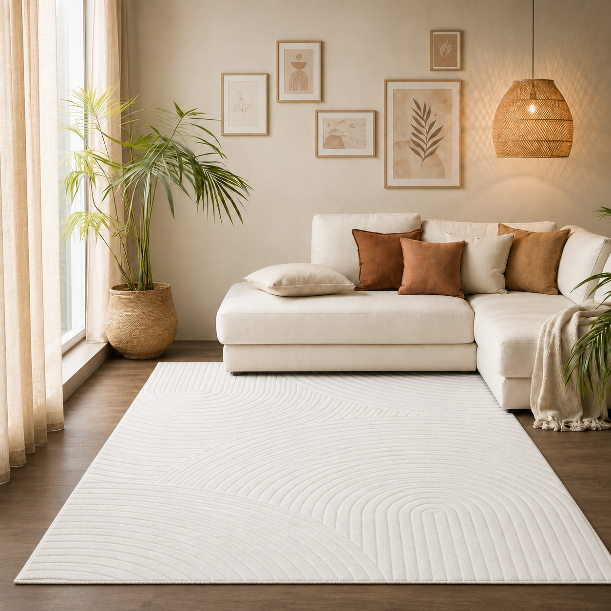 Robust flatweave rug with a natural look in cream, 3D high-low effect, soft