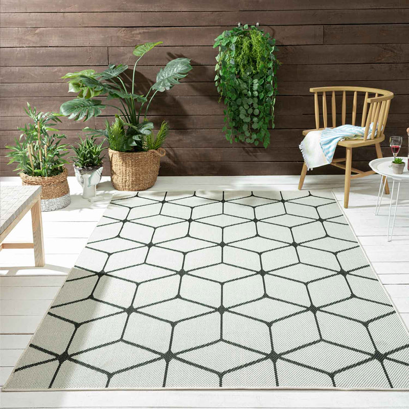 Carpet with diamond pattern, suitable for indoor and outdoor use, robust flat weave, 100% polypropylene, white-zoom-