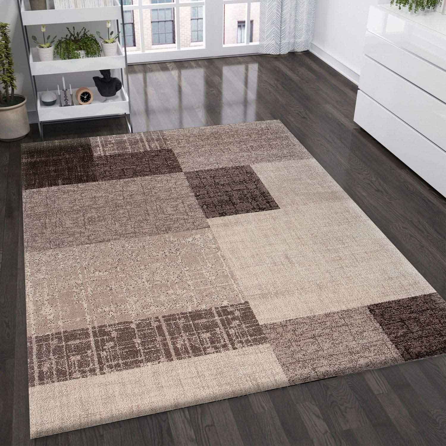 Living room rug, short pile, beige-brown, designer rug, modern tile look, checkered, easy care - VIMODA-zoom-1