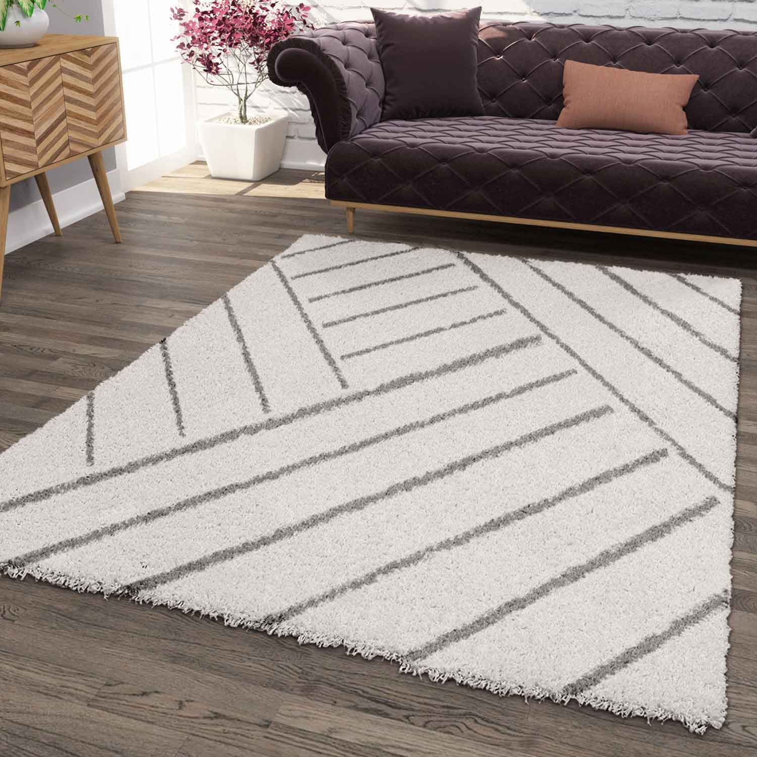 Shaggy Teppich Diagonale Streifen Design Creme Grau Modern-1
