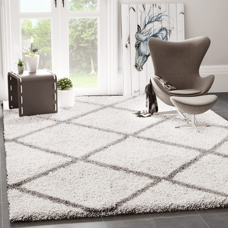 High-pile rug for living room, bedroom, kitchen, shaggy, Scandinavian diamond pattern