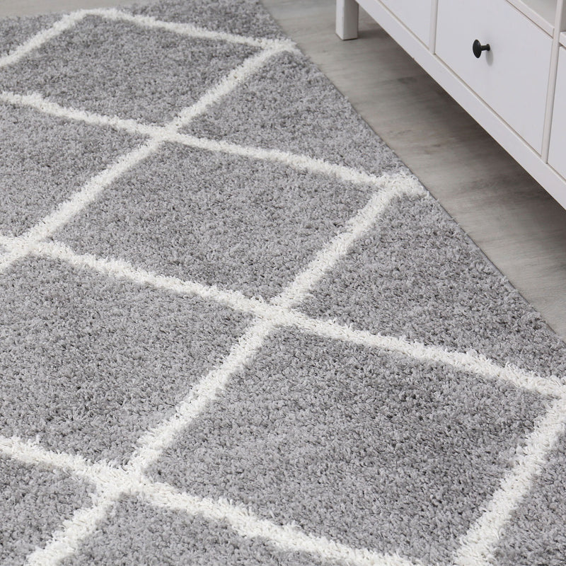 High-pile rug, living room, shaggy, Scandinavian design, diamond pattern, grey and cream, robust, soft, durable-zoom-