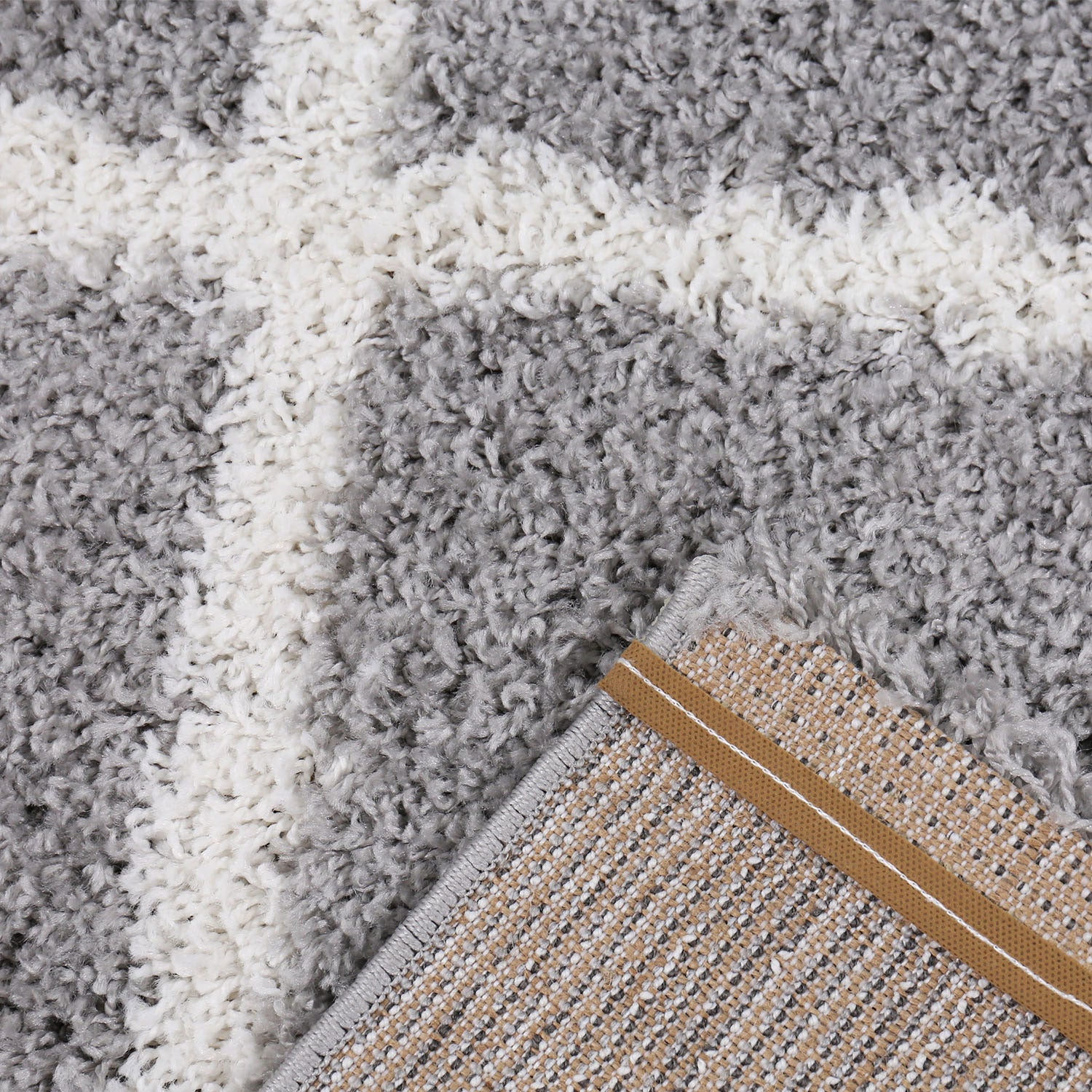 High-pile rug, living room, shaggy, Scandinavian design, diamond pattern, grey and cream, robust, soft, durable-4