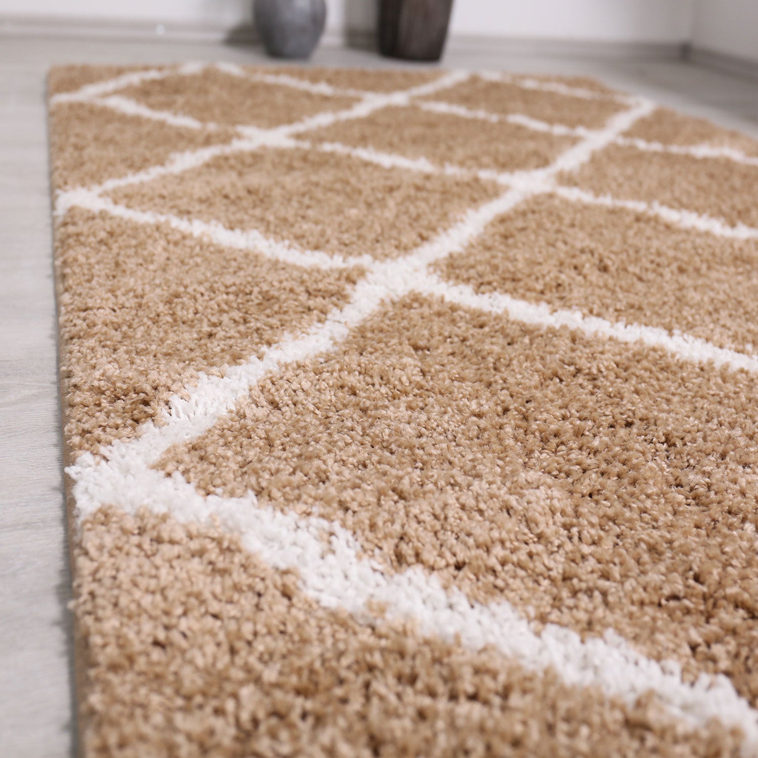 High-pile rug, living room, shaggy, diamond pattern, beige, cream, Scandinavian style, soft, robust