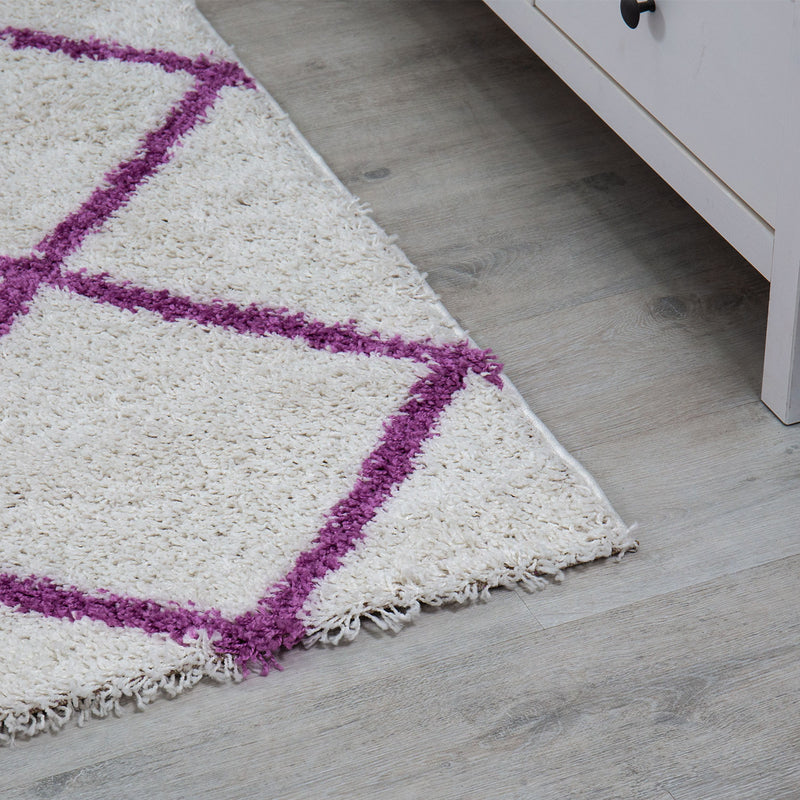 Hochflor Teppich Wohnzimmer Shaggy Rautenmuster Lila Creme Skandinavischer Stil weich Robust-zoom-