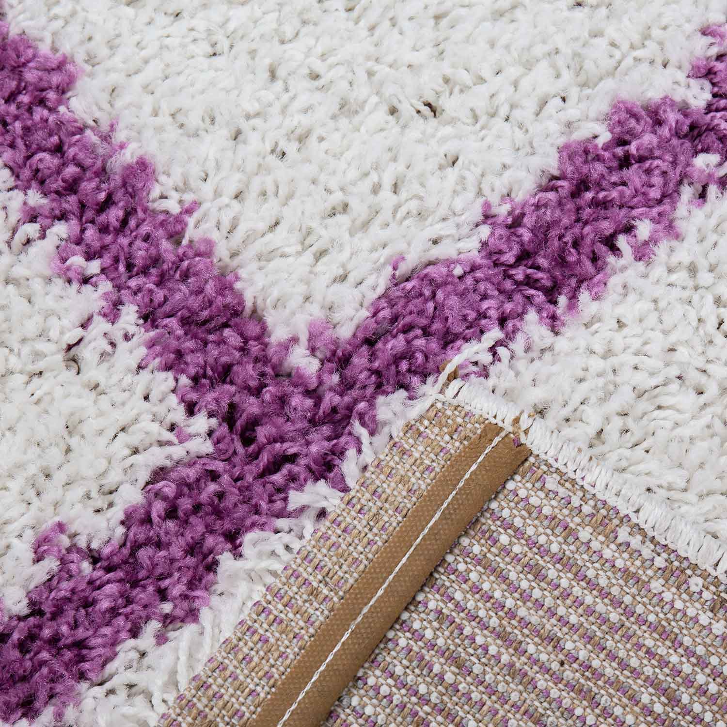 Hochflor Teppich Wohnzimmer Shaggy Rautenmuster Lila Creme Skandinavischer Stil weich Robust-zoom-2