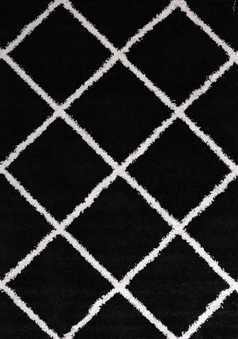 High-pile rug, living room, shaggy diamond pattern, black and cream, Scandinavian design, soft, ethnic-zoom-
