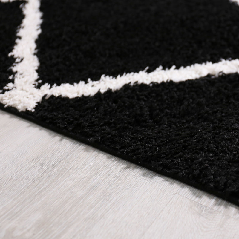 High-pile rug, living room, shaggy diamond pattern, black and cream, Scandinavian design, soft, ethnic-zoom-