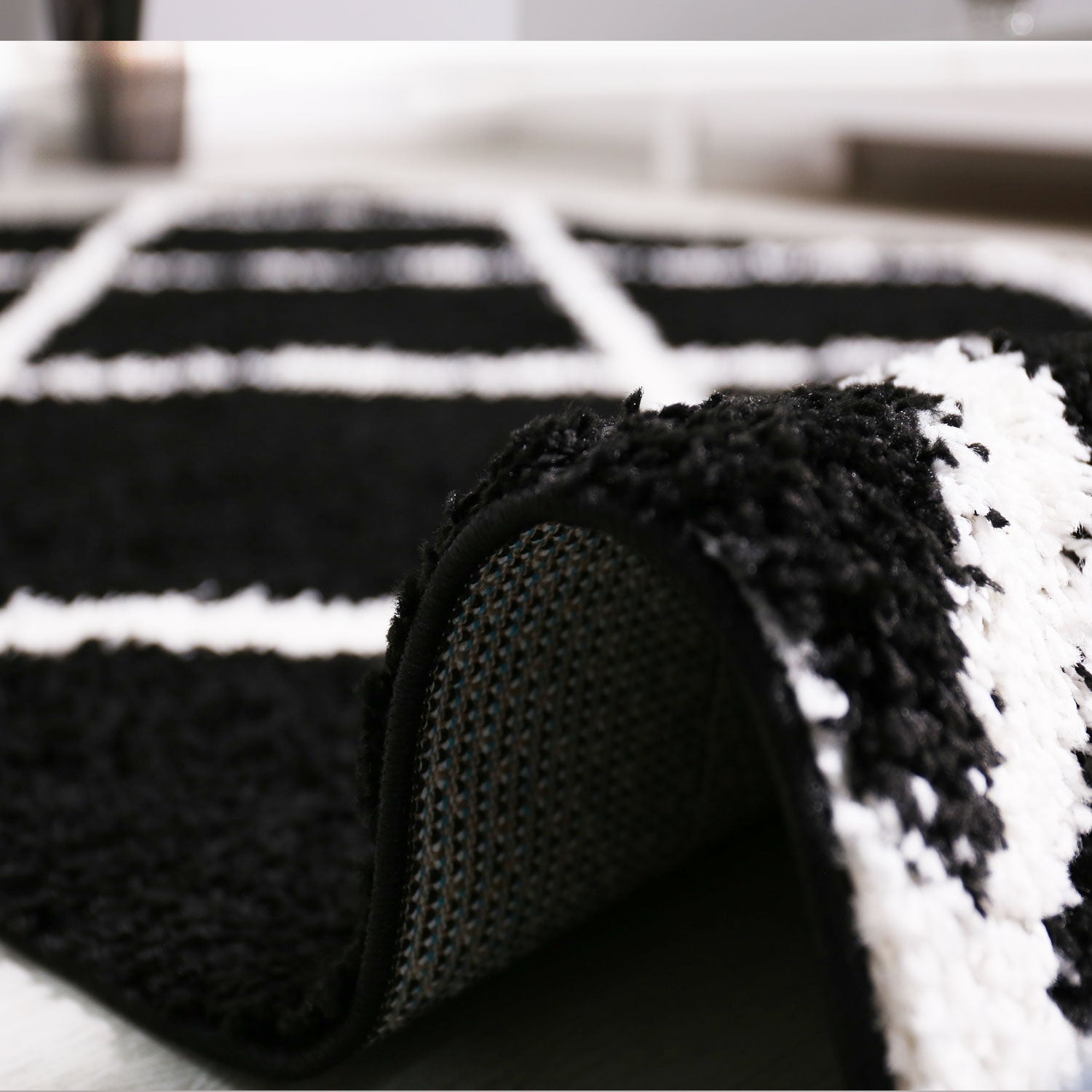 High-pile rug, living room, shaggy diamond pattern, black and cream, Scandinavian design, soft, ethnic-zoom-3