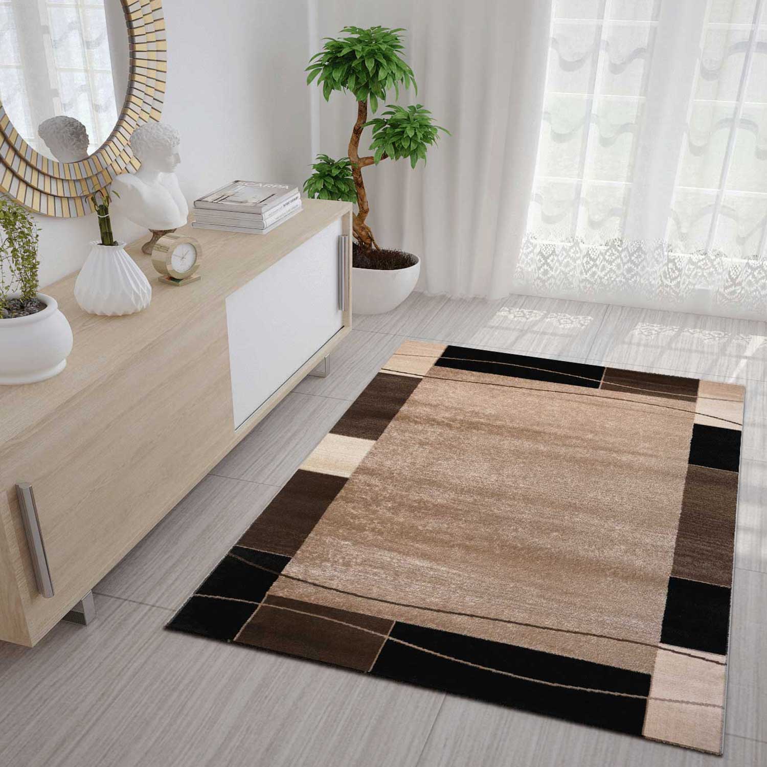 Short-pile rug, modern retro style with border, brown, beige, black, for living room, bedroom, children's room-zoom-1