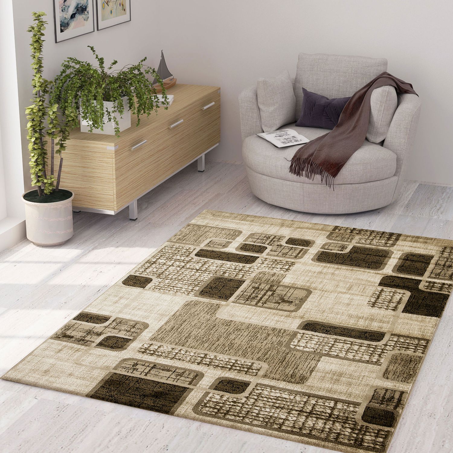 Short-pile rug, modern checkered retro geometric pattern, mottled brown beige, for living room, bedroom-1
