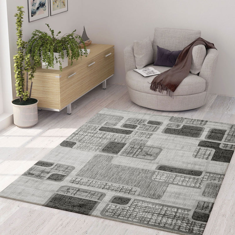 Short-pile rug, modern checkered retro geometric pattern, mottled grey, for living room, bedroom-zoom-
