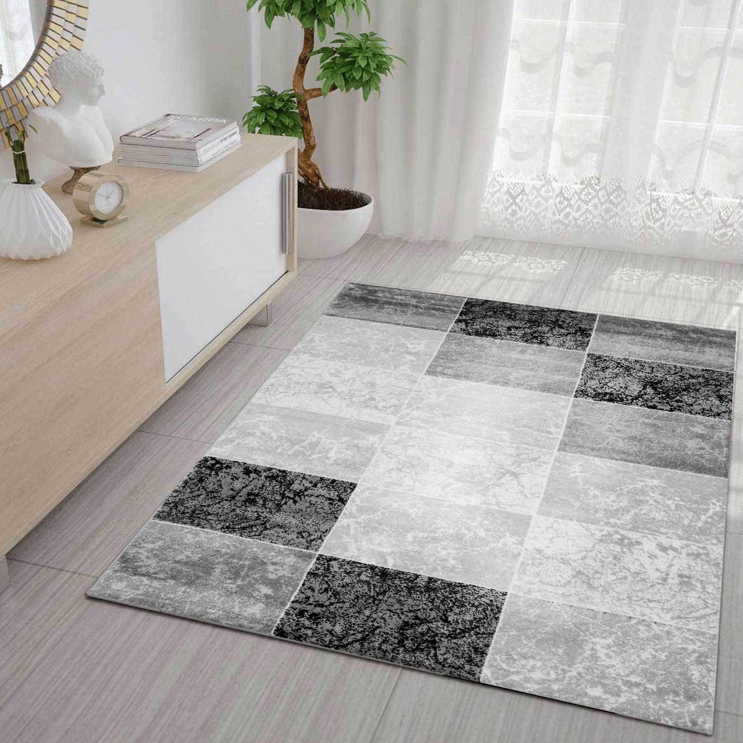 Short-pile rug, modern checkered marble pattern mottled in grey, black and white, for living room, bedroom, children's room-1