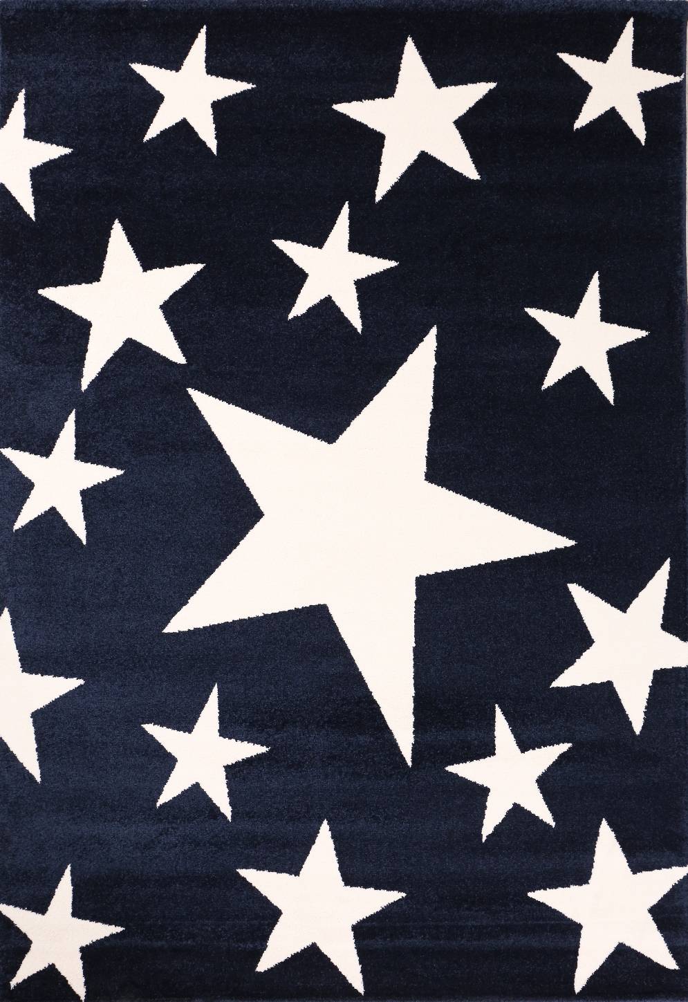 Short-pile rug with stars and a sky, modern blue and white, suitable for a teenager's room or living room.