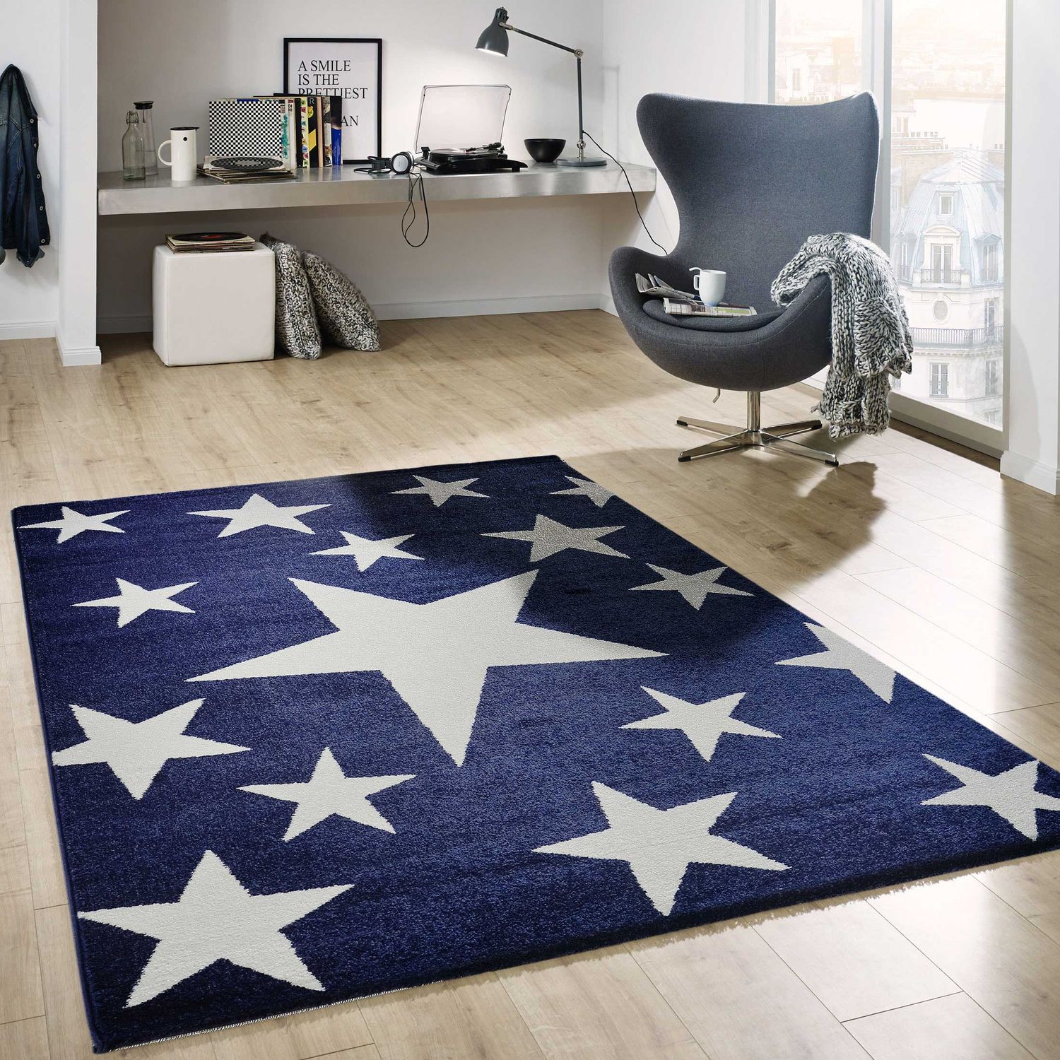 Short-pile rug with stars and a sky, modern blue and white, suitable for a teenager's room or living room.-zoom-1
