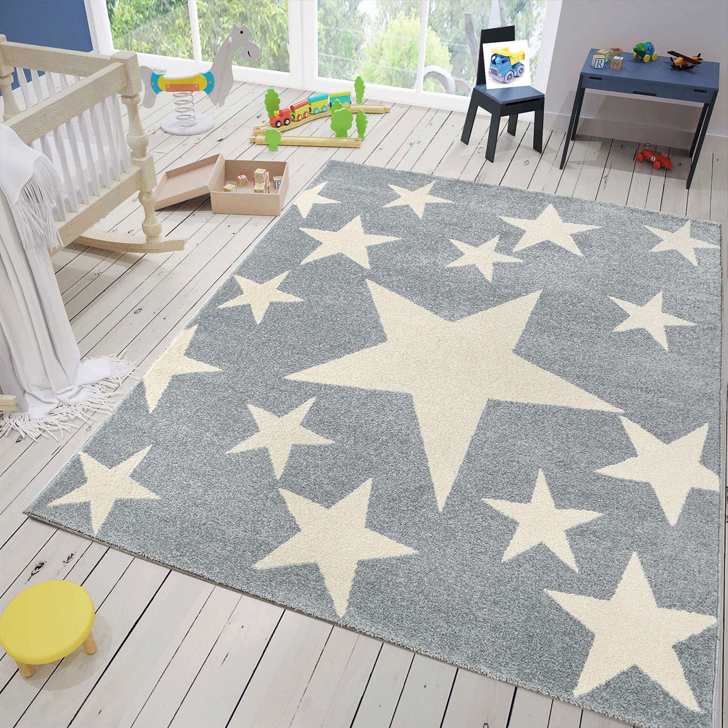 Teppich Sterne Hellblau Weiß Creme Kurzflor Kinderzimmer Jugendzimmer-zoom-1