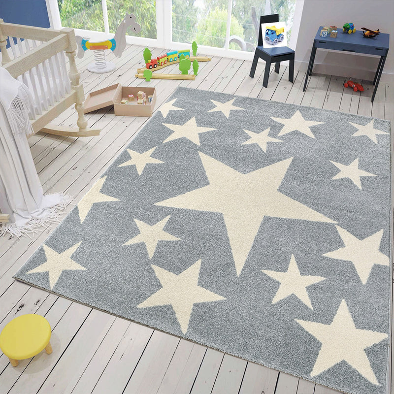 Teppich Sterne Hellblau Weiß Creme Kurzflor Kinderzimmer Jugendzimmer-zoom-
