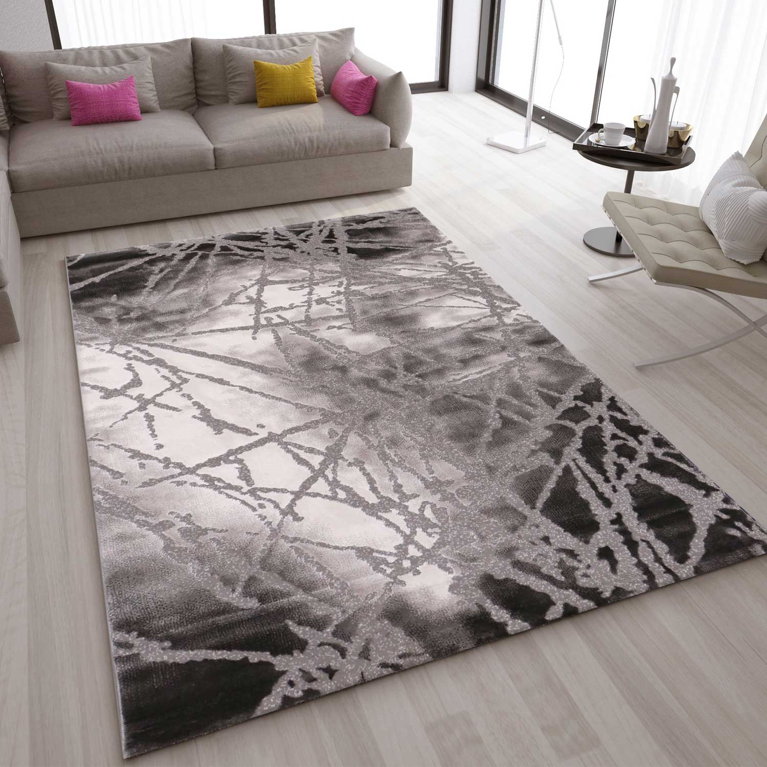 Short-pile abstract distressed-look rug for living room, bedroom, kitchen, in grey and white, suitable for living room, bedroom, kitchen-zoom-1