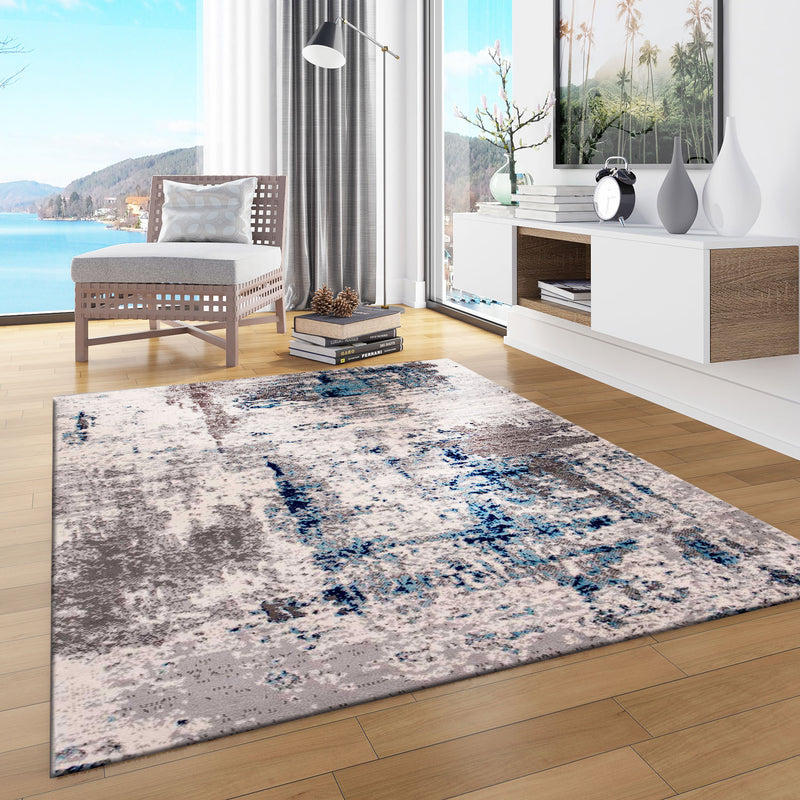 Abstract Vintage Look Rug for Living Room, Short Pile Rug, Runner, Blue/Grey-zoom-