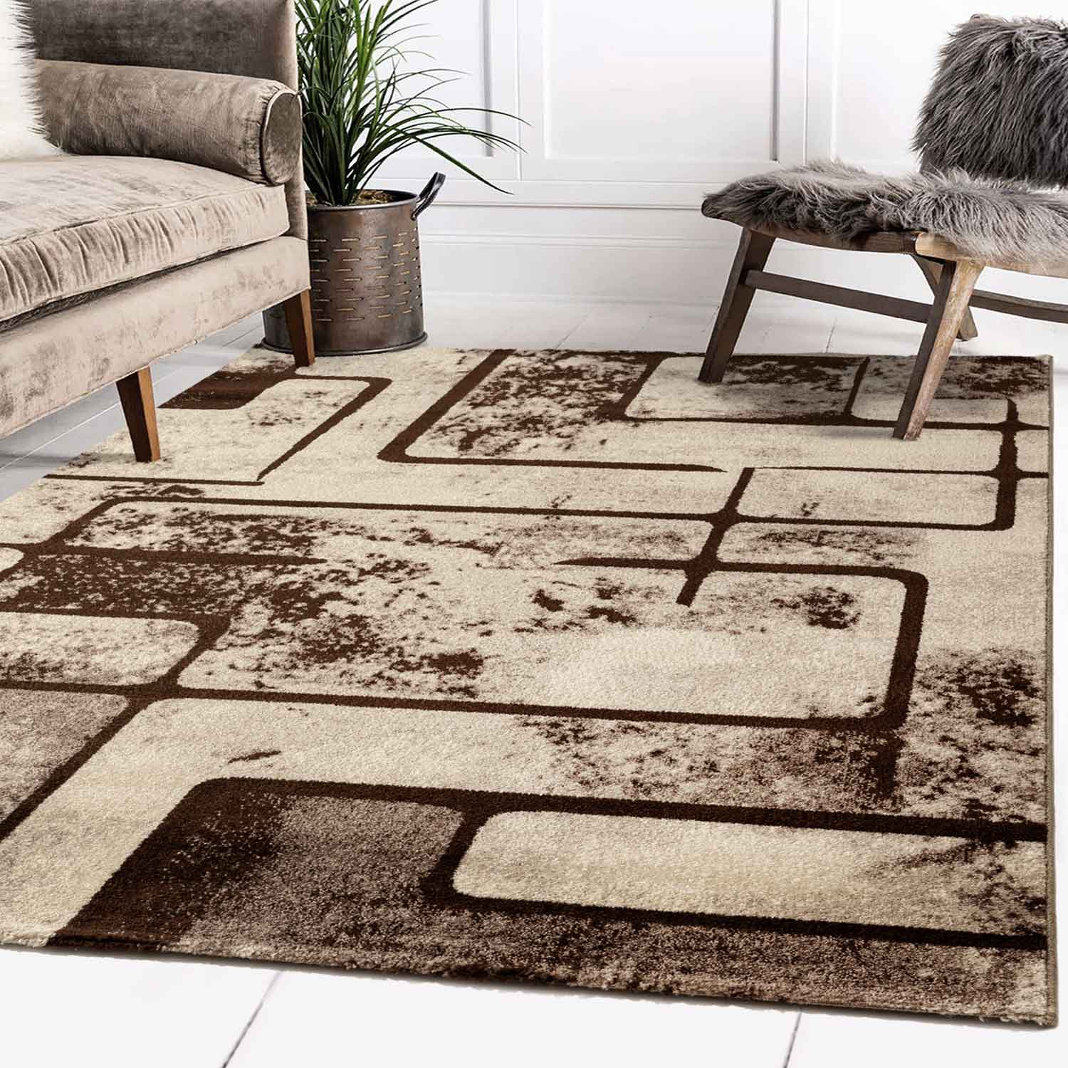 Teppich Beige Wohnzimmer Vintage Kurzflor Geometrisch Muster Abstrakt Meliert