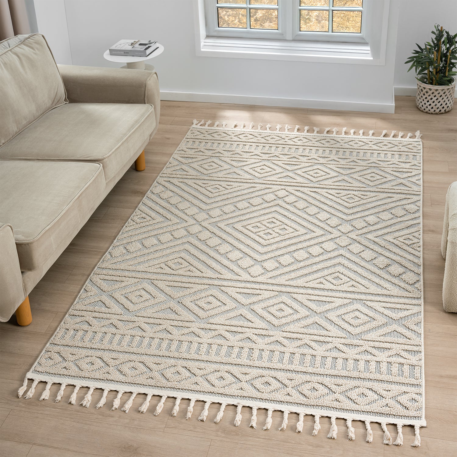 Boho rug for living room, bedroom, Scandinavian fringe, washable 3D rug-1