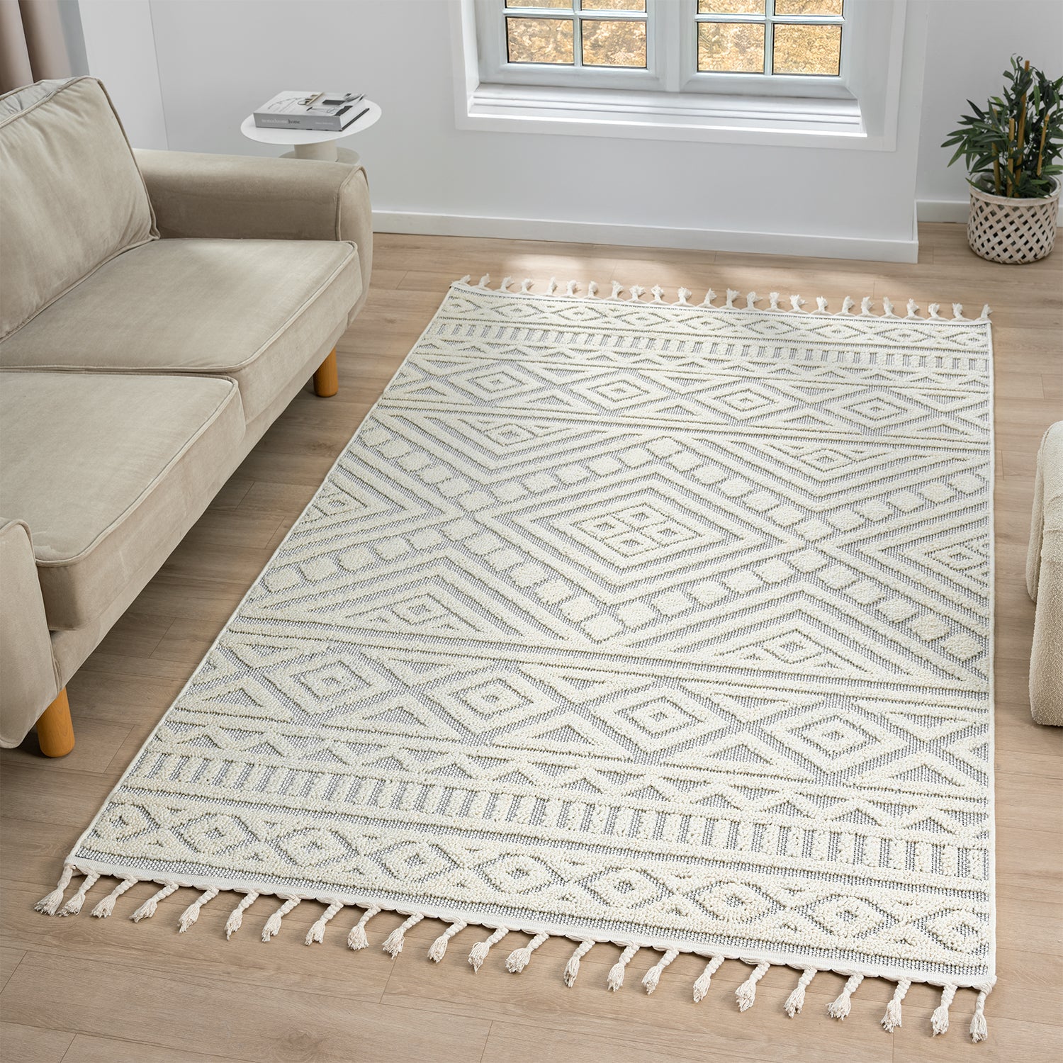 Boho rug for living room, bedroom, Scandinavian fringe, washable 3D rug-7