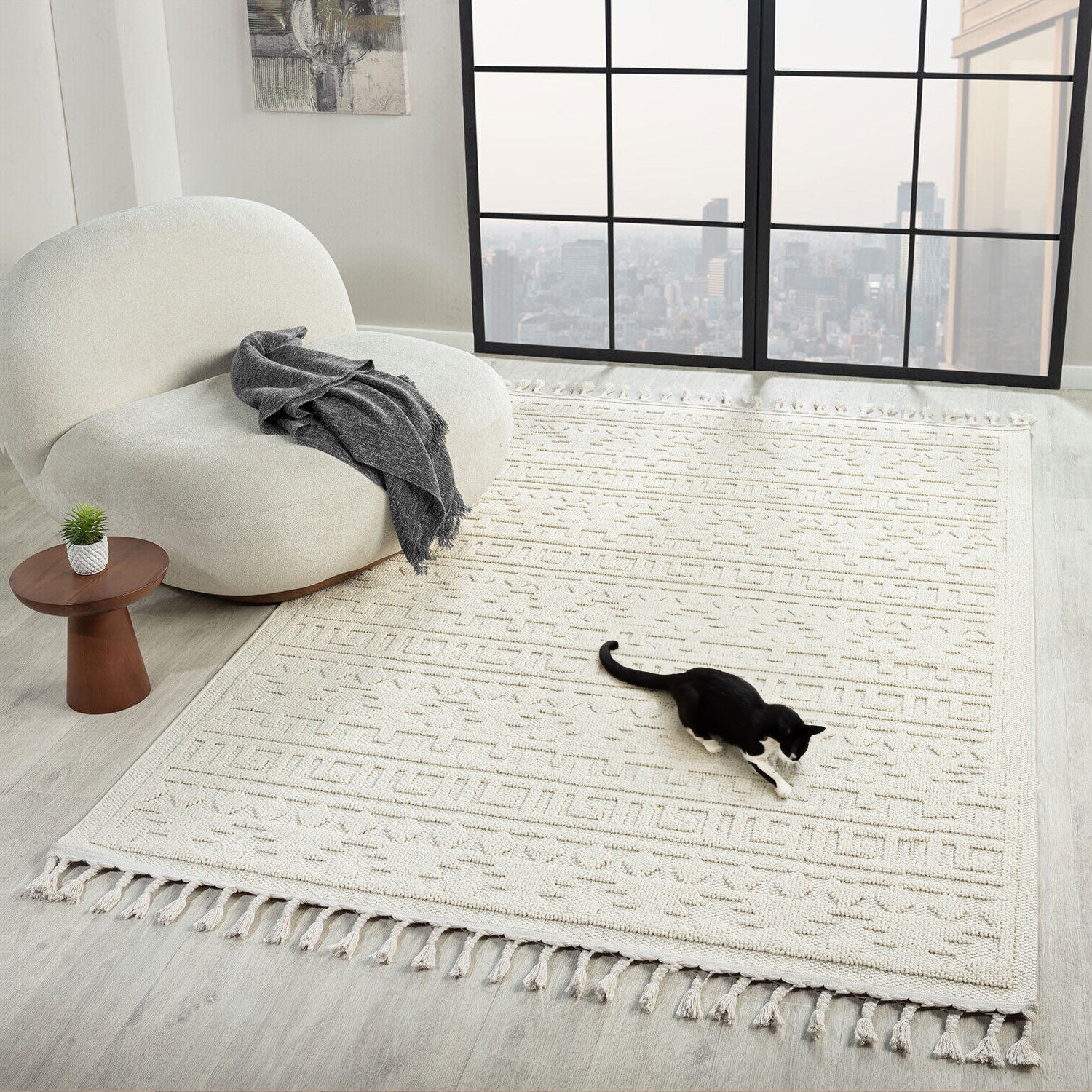 Boho Scandinavian style rug for living room, bedroom, balcony, kitchen, terrace, hallway, 3D cream-1