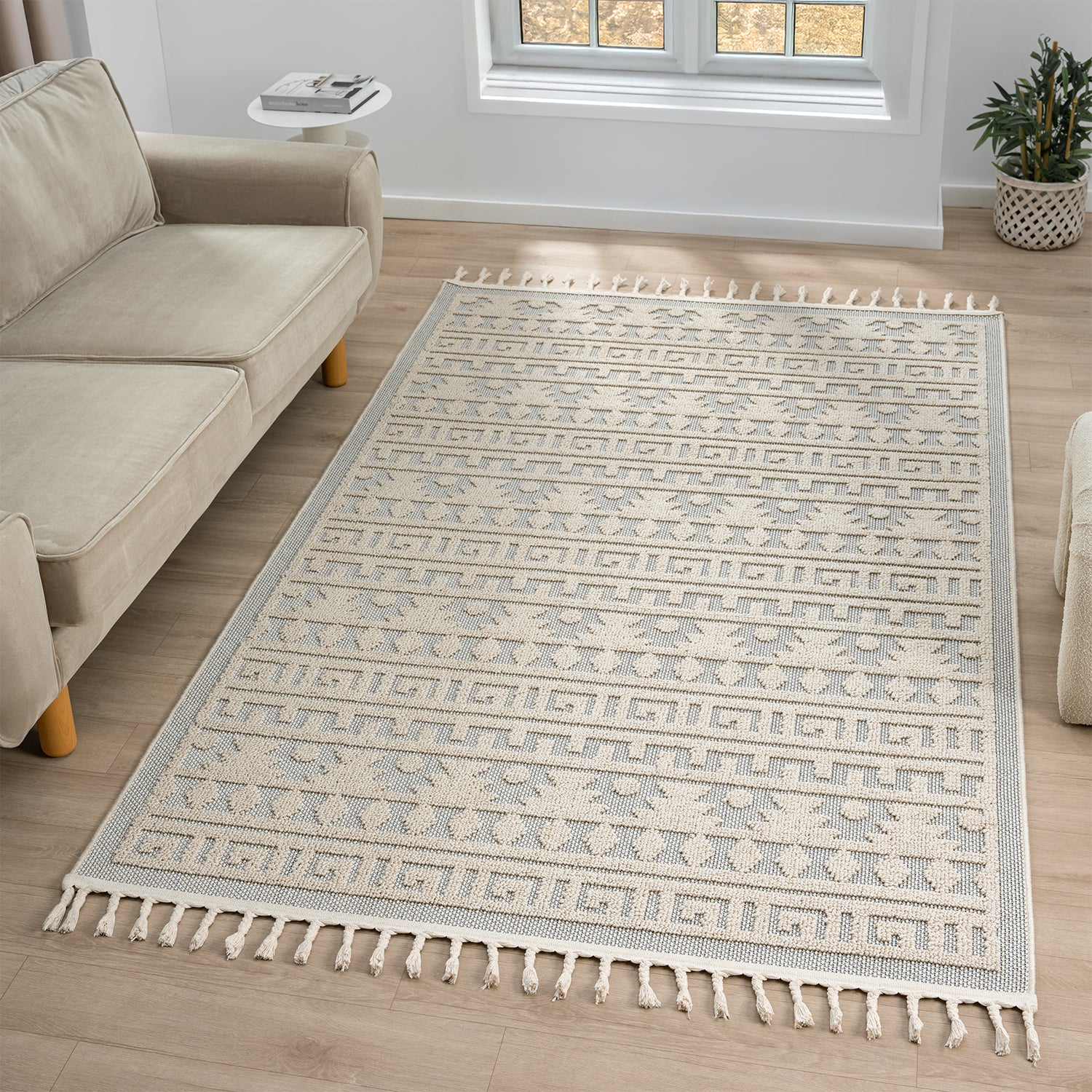 Boho Scandinavian style rug for living room, bedroom, balcony, kitchen, terrace, hallway, 3D cream-zoom-7