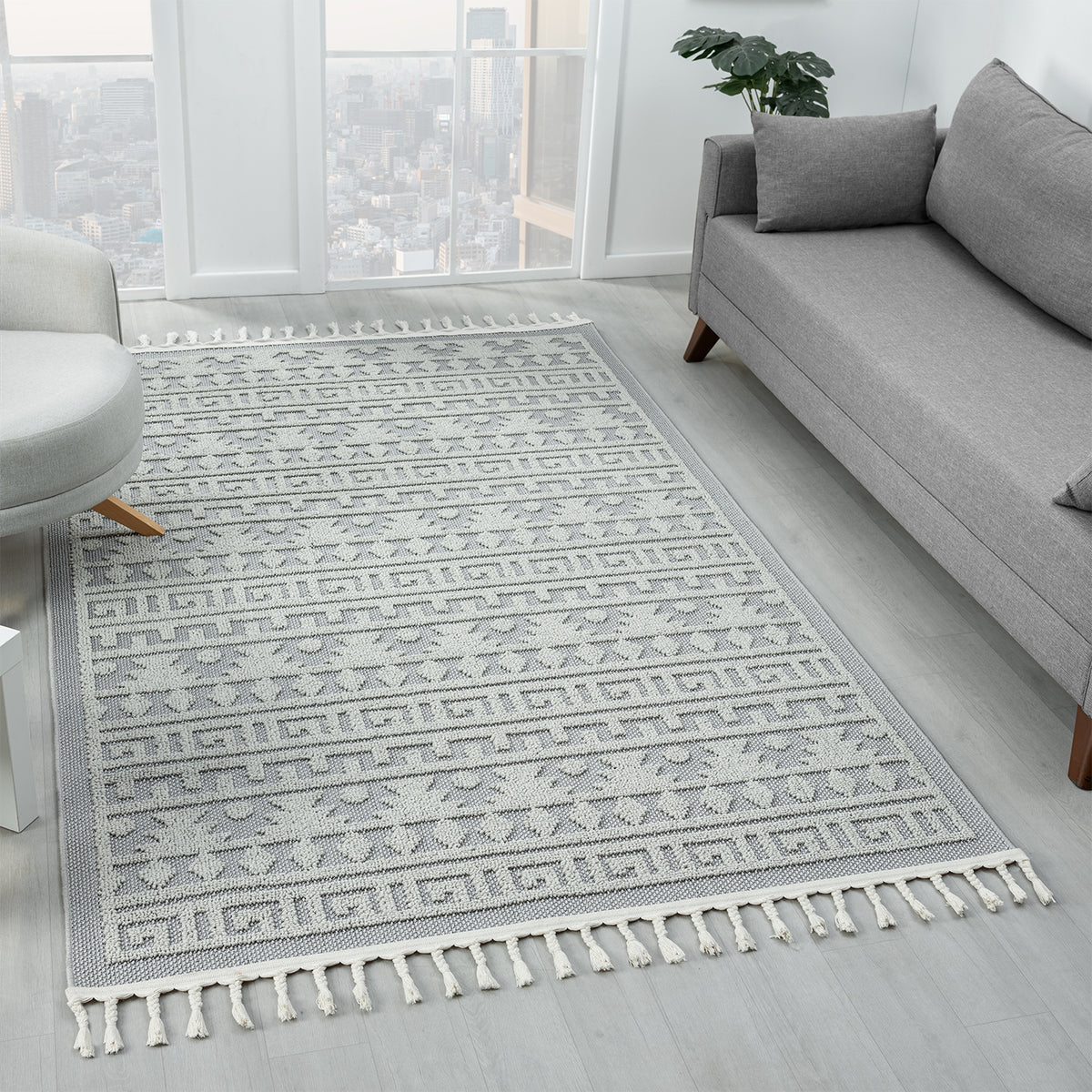 Boho Scandinavian style rug for living room, bedroom, balcony, kitchen, terrace, hallway, 3D cream