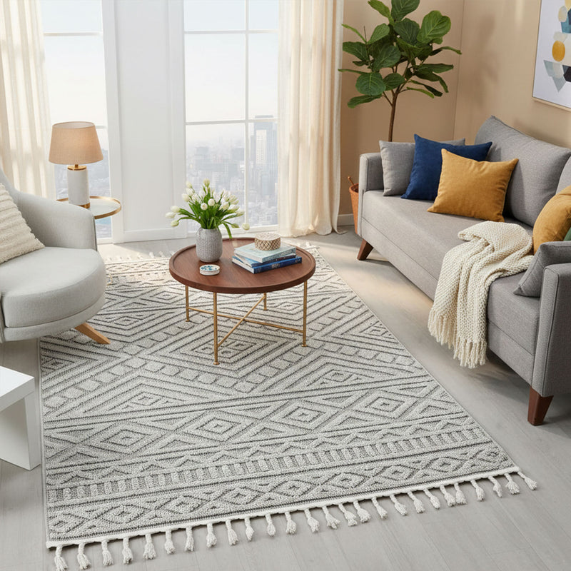 Boho rug for living room, bedroom, Scandinavian fringe, washable 3D rug-zoom-