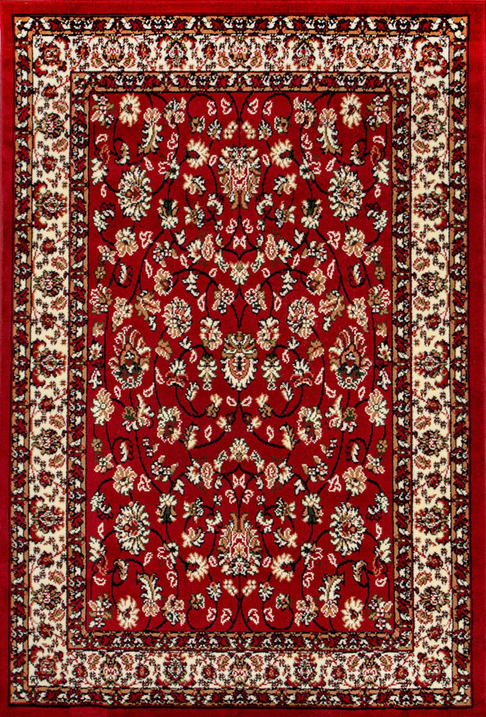 Oriental rug, red and beige, classically densely woven with ornament and floral motifs.