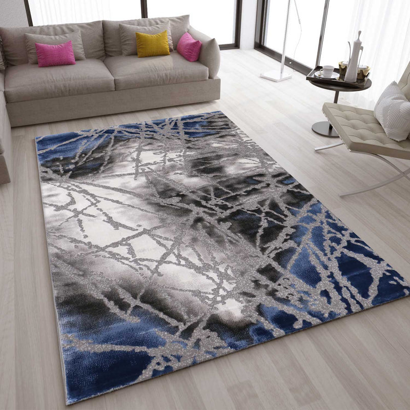Abstract short-pile area rug in blue and grey with a distressed look, for living room, bedroom, kitchen-zoom-