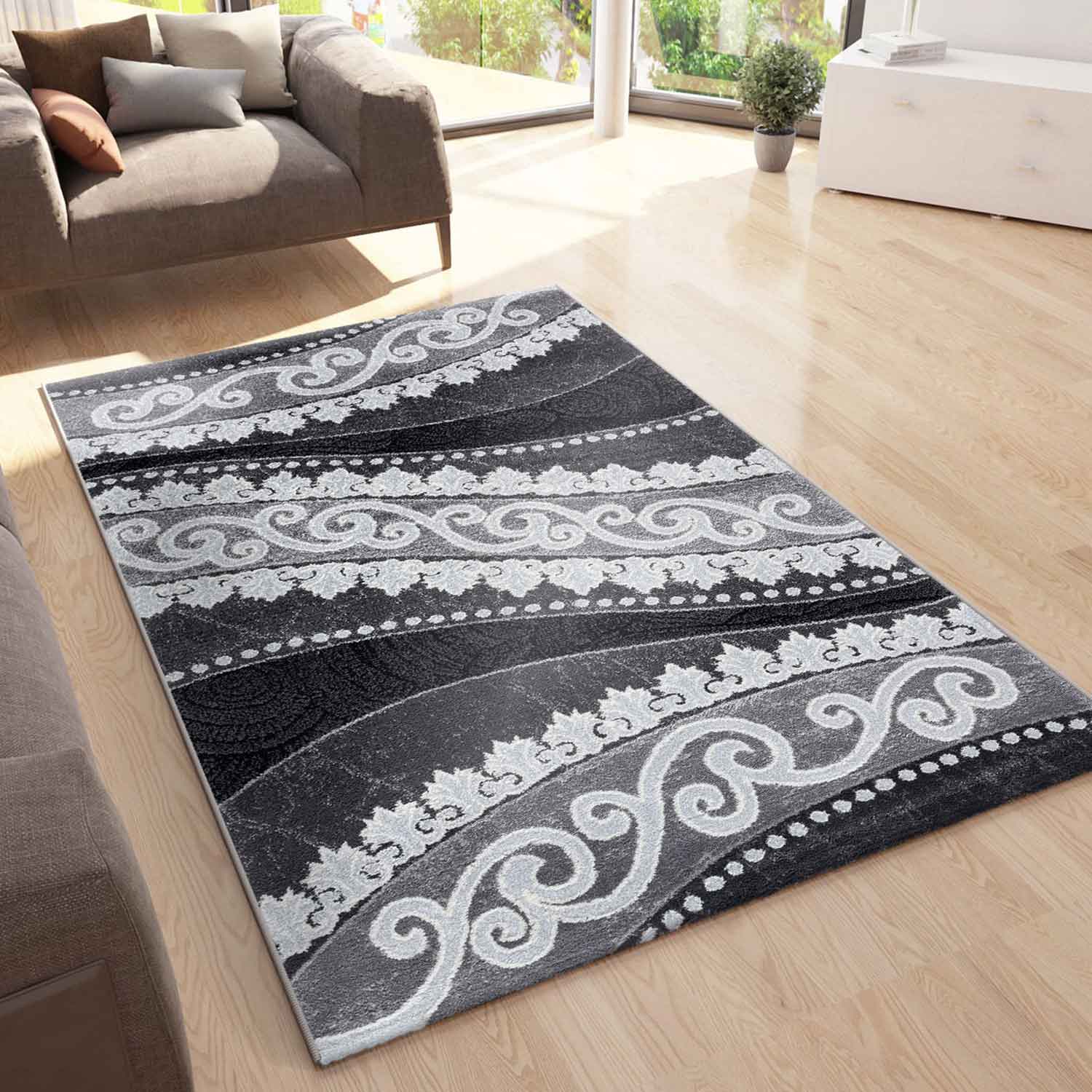Teppich kurzflor Moderner Orientteppich mit Glitzergarn in Grau Anthrazit Weiß, für Wohnzimmer, Schlafzimmer-1