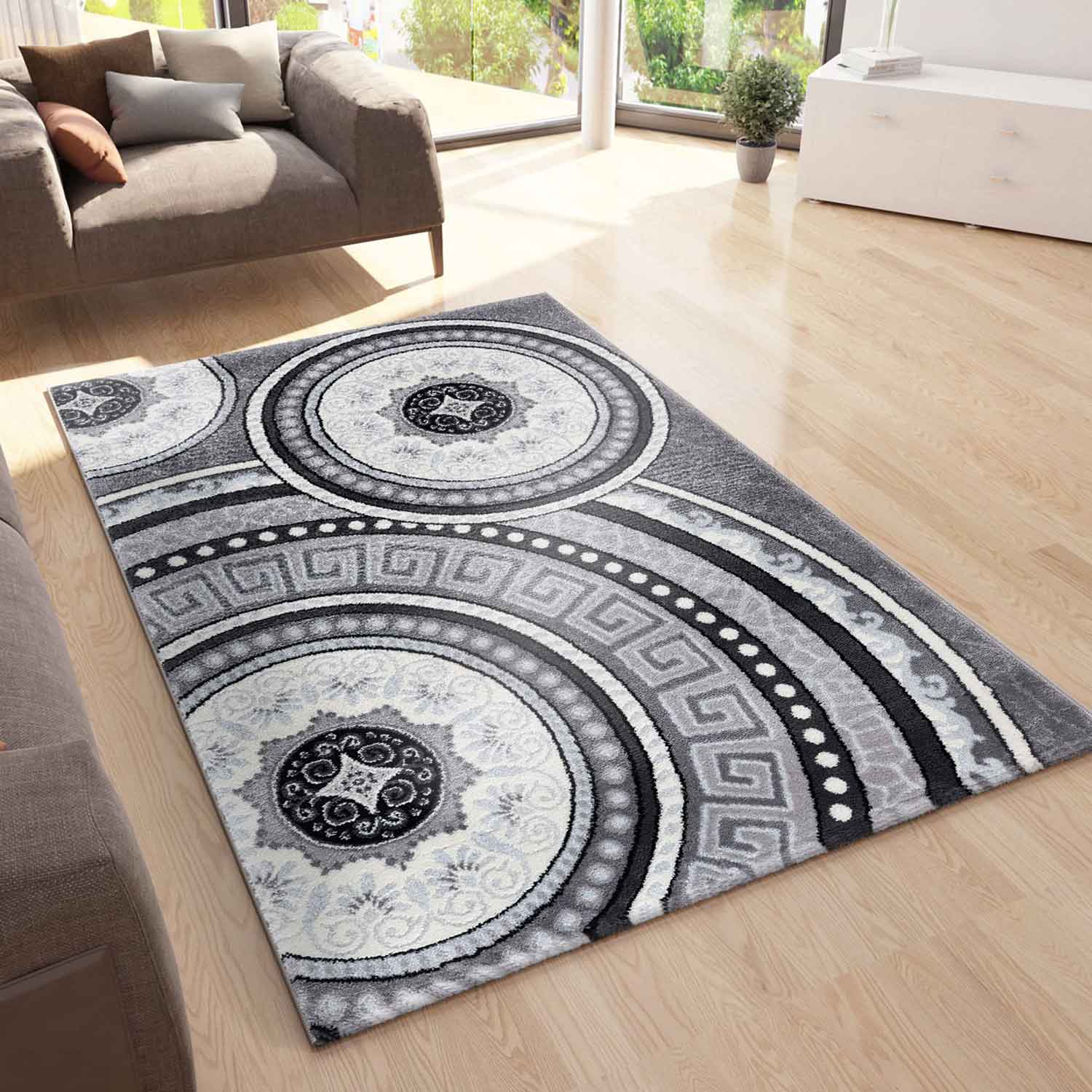Moderner Teppich Orientteppich für Wohnzimmer mit Glitzergarn Medaillon muster in Grau Schwarz Anthrazit-zoom-1