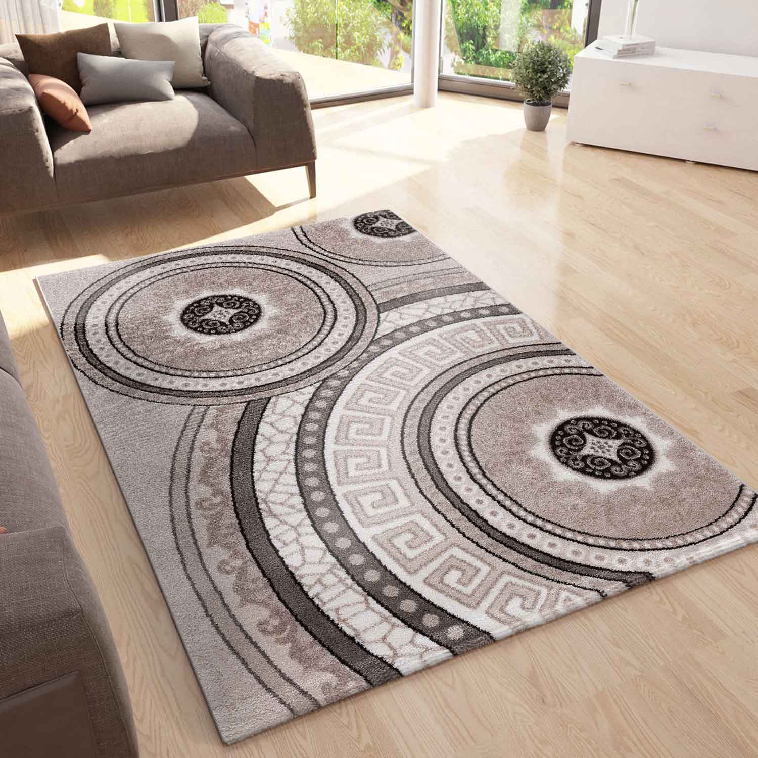 Teppich Designer Kurzflor Wohnzimmer mit Glitzer Medaillon USED Optik in Beige-1