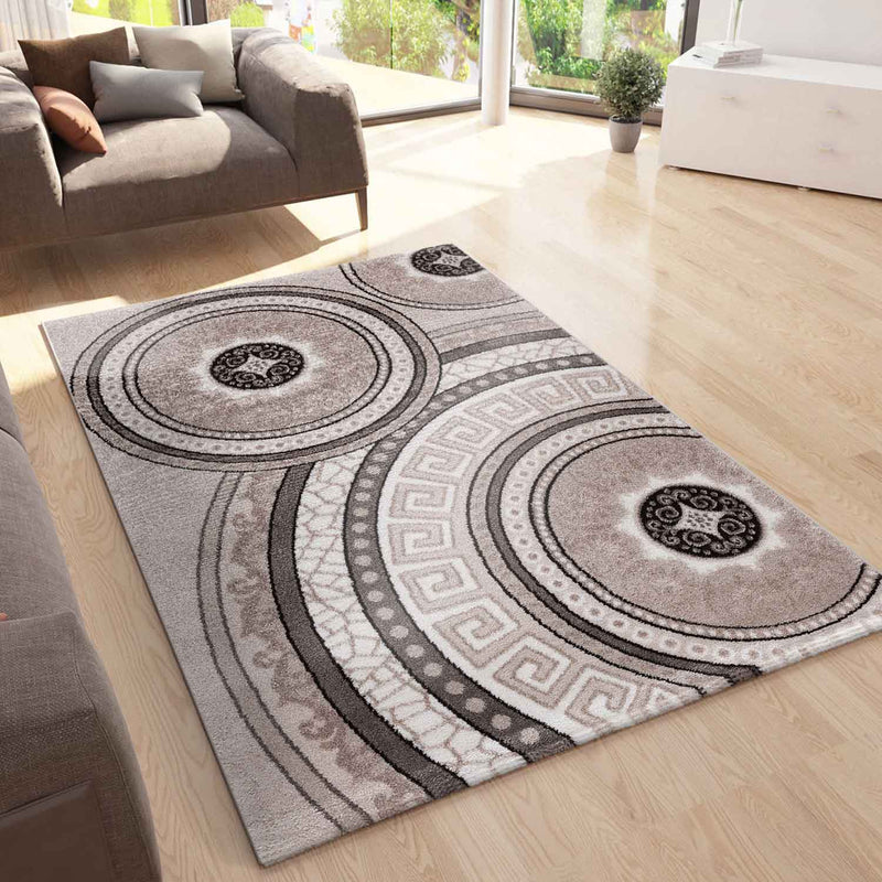 Teppich Designer Kurzflor Wohnzimmer mit Glitzer Medaillon USED Optik in Beige-zoom-