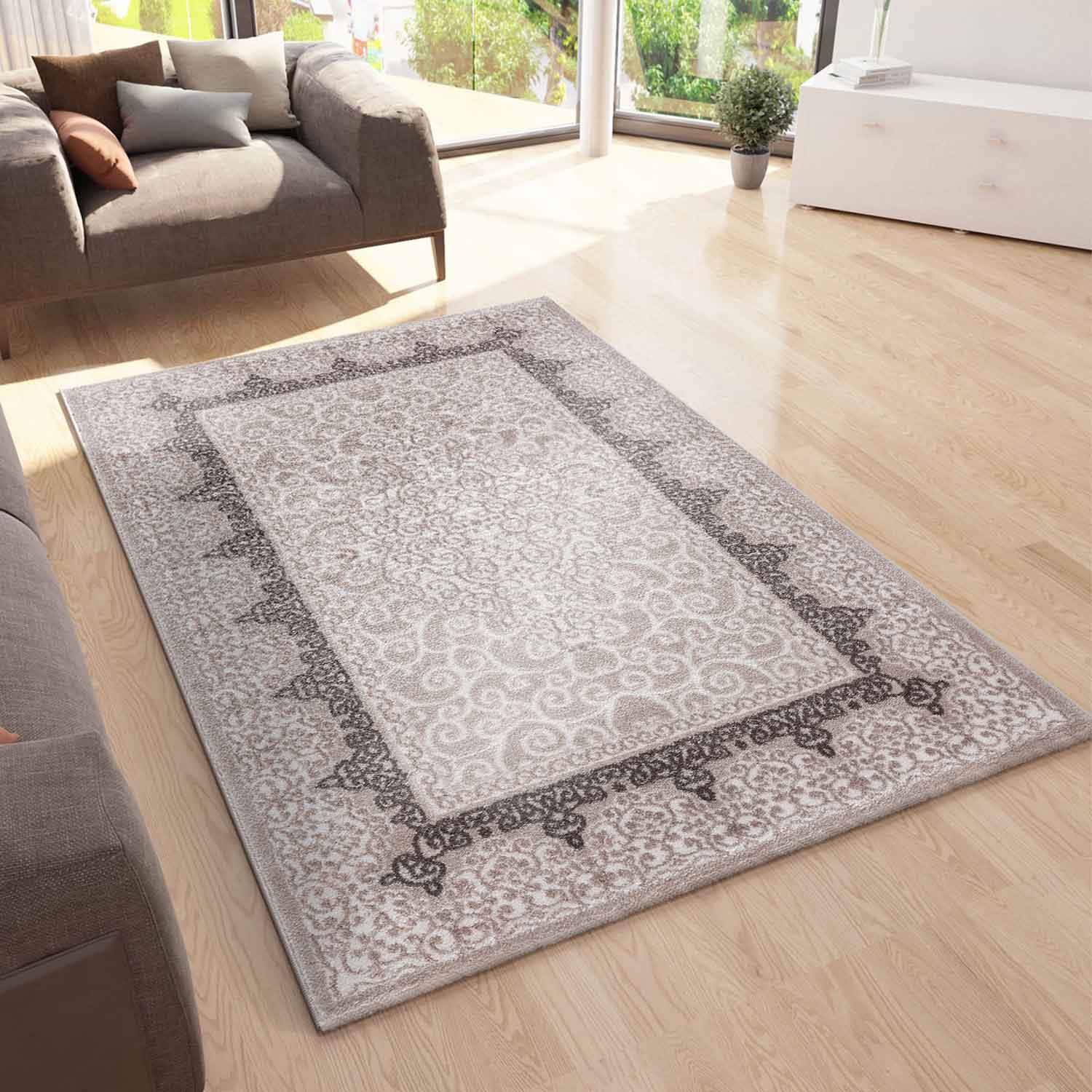 Designer short-pile living room rug with glitter abstract used look in brown-zoom-1