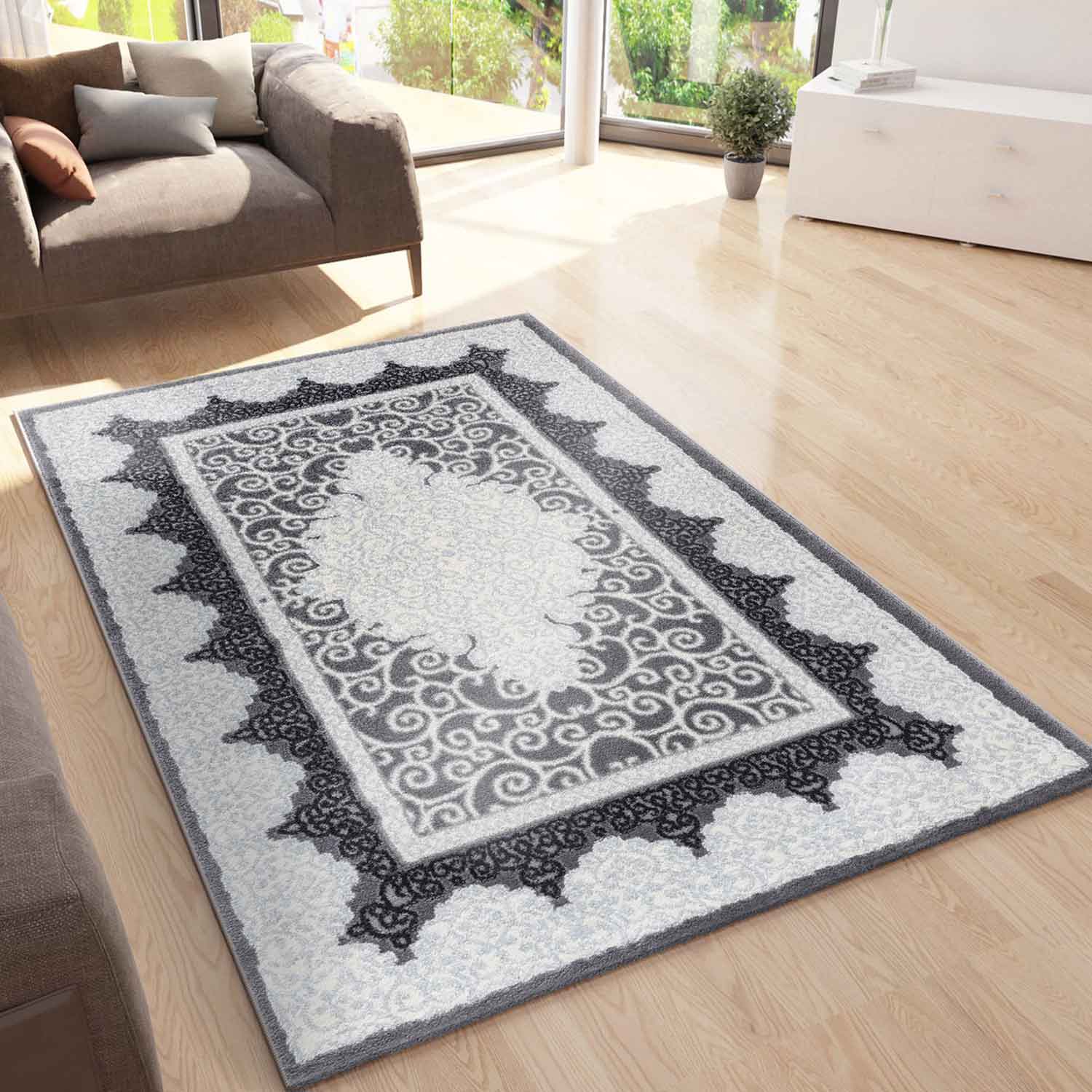 Short-pile rug, modern oriental rug with glitter yarn in grey, black and white, for living room, bedroom