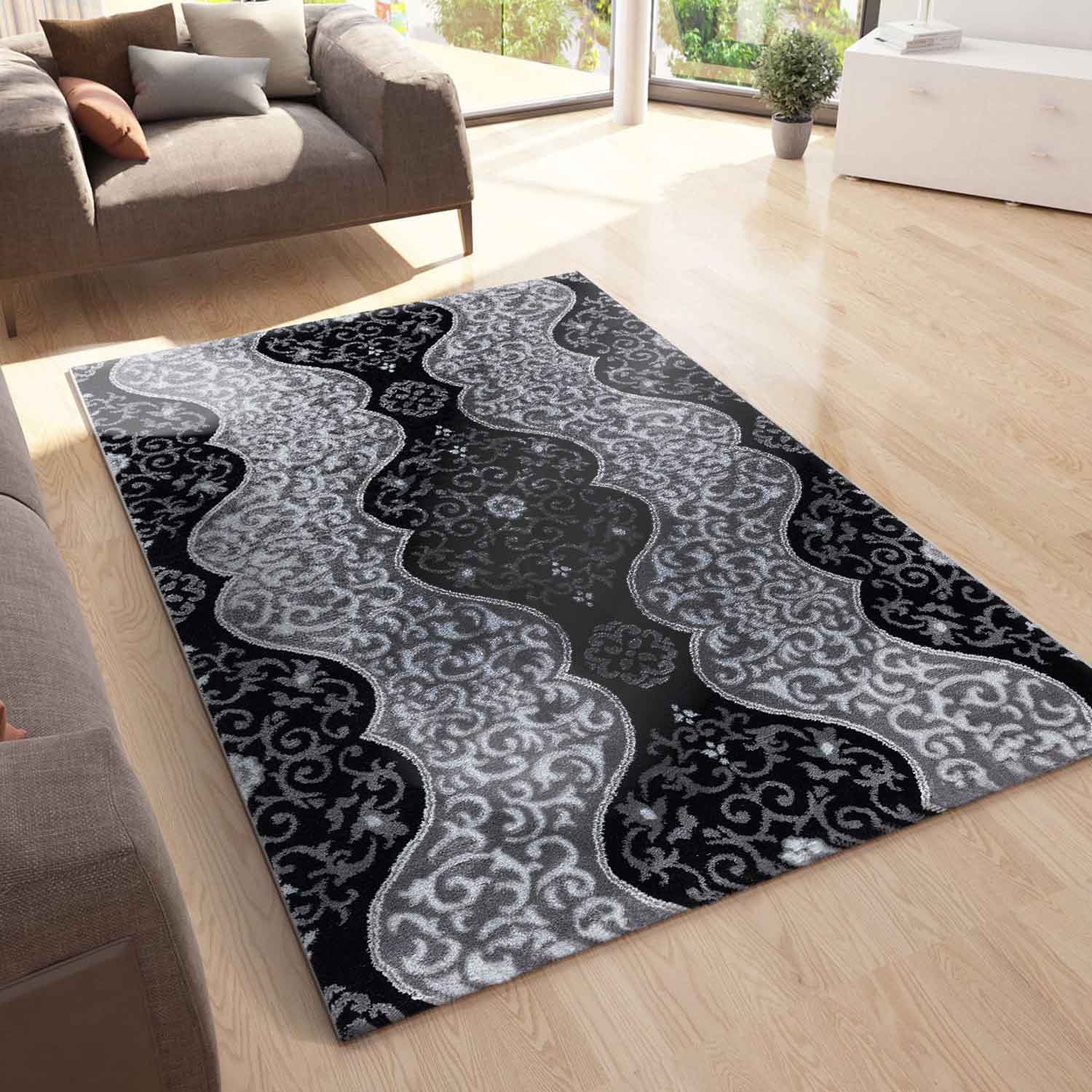 Teppich kurzflor Moderner Orientteppich mit Glitzergarn in Grau Anthrazit Weiß, für Wohnzimmer, Schlafzimmer-1
