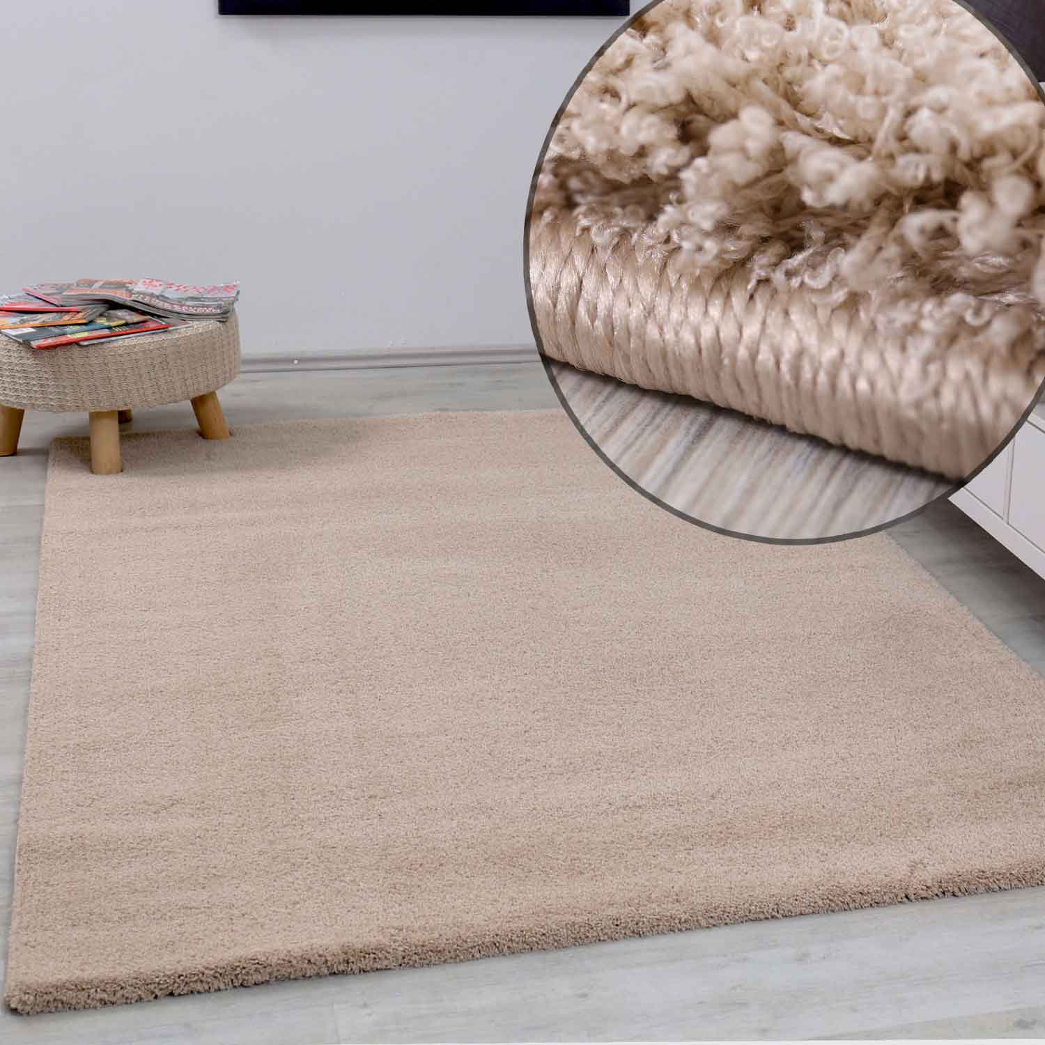 High-pile beige rug, extra soft microfiber, fluffy, for living room, bedroom, children's room-1