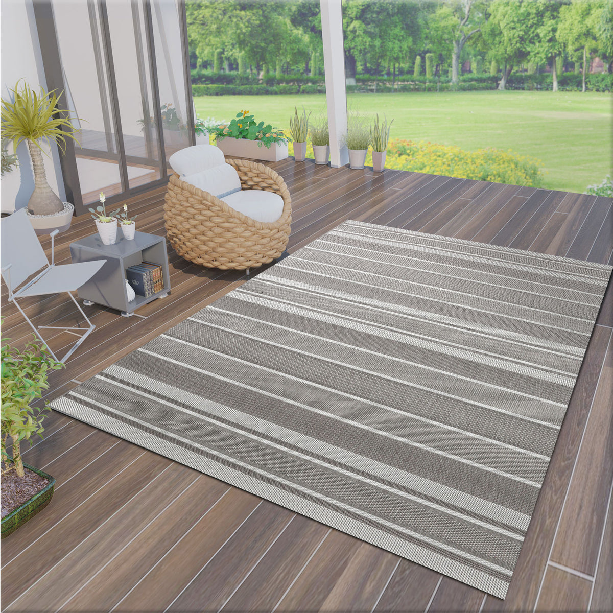 Flatweave Rug Striped Indoor and Outdoor Durable 100% Polypropylene Beige
