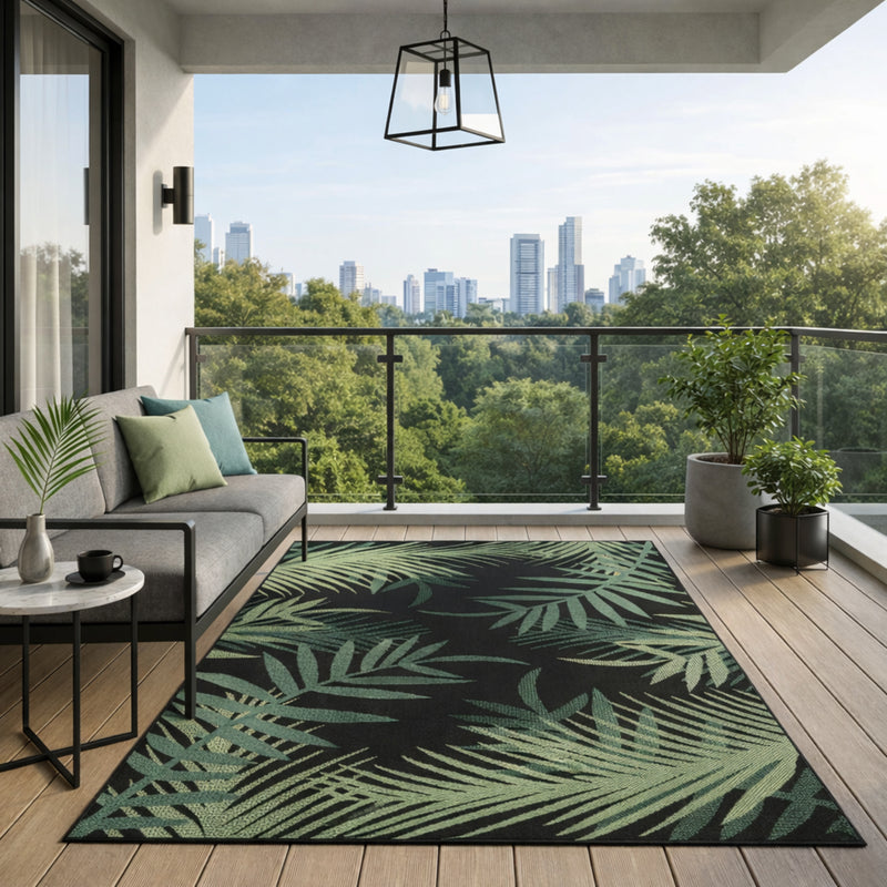 Flatweave carpet for patio, balcony, kitchen, indoor and outdoor use, palm motif, green and black-zoom-