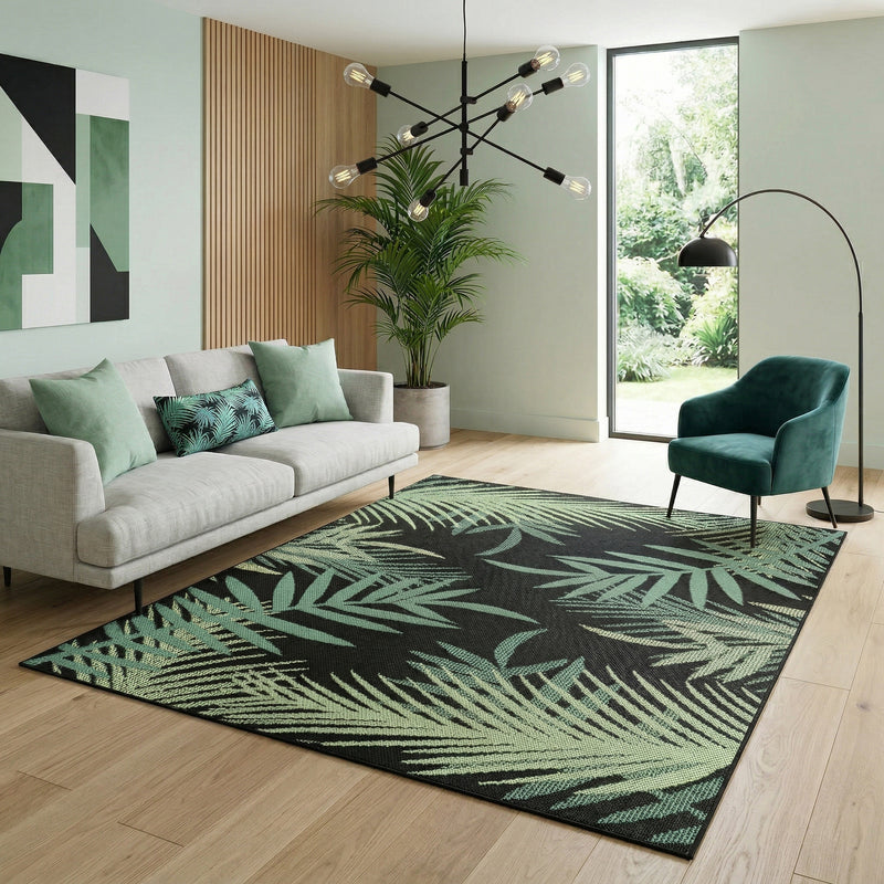 Flatweave carpet for patio, balcony, kitchen, indoor and outdoor use, palm motif, green and black-zoom-