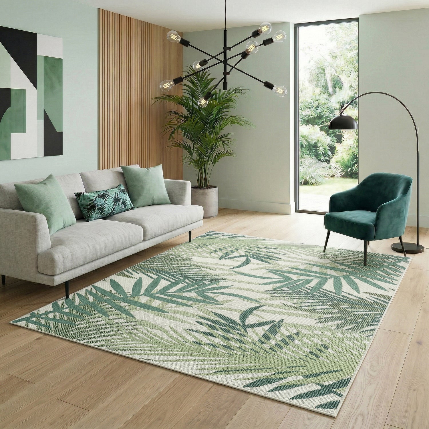Flatweave carpet for patio, balcony, kitchen, indoor and outdoor use, palm motif, green and black-1