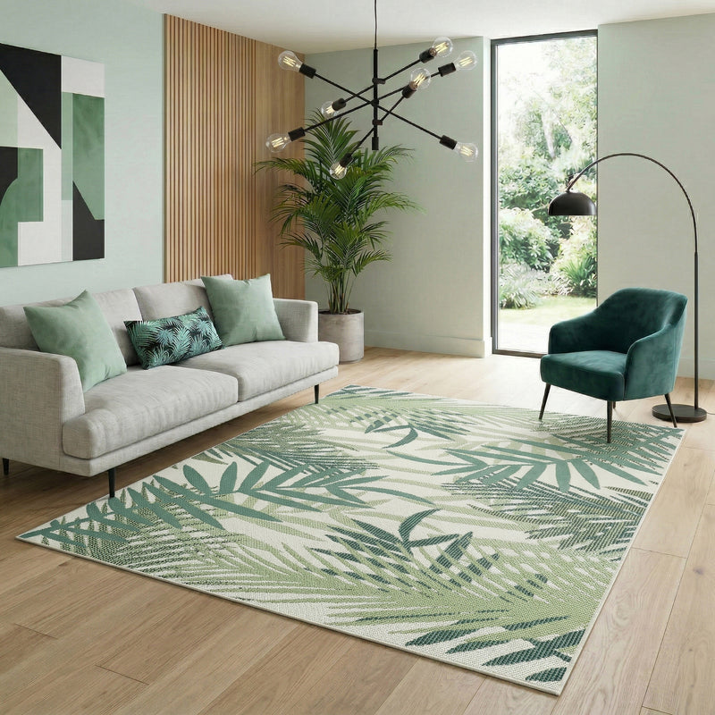 Flatweave carpet for patio, balcony, kitchen, indoor and outdoor use, palm motif, green and black-zoom-
