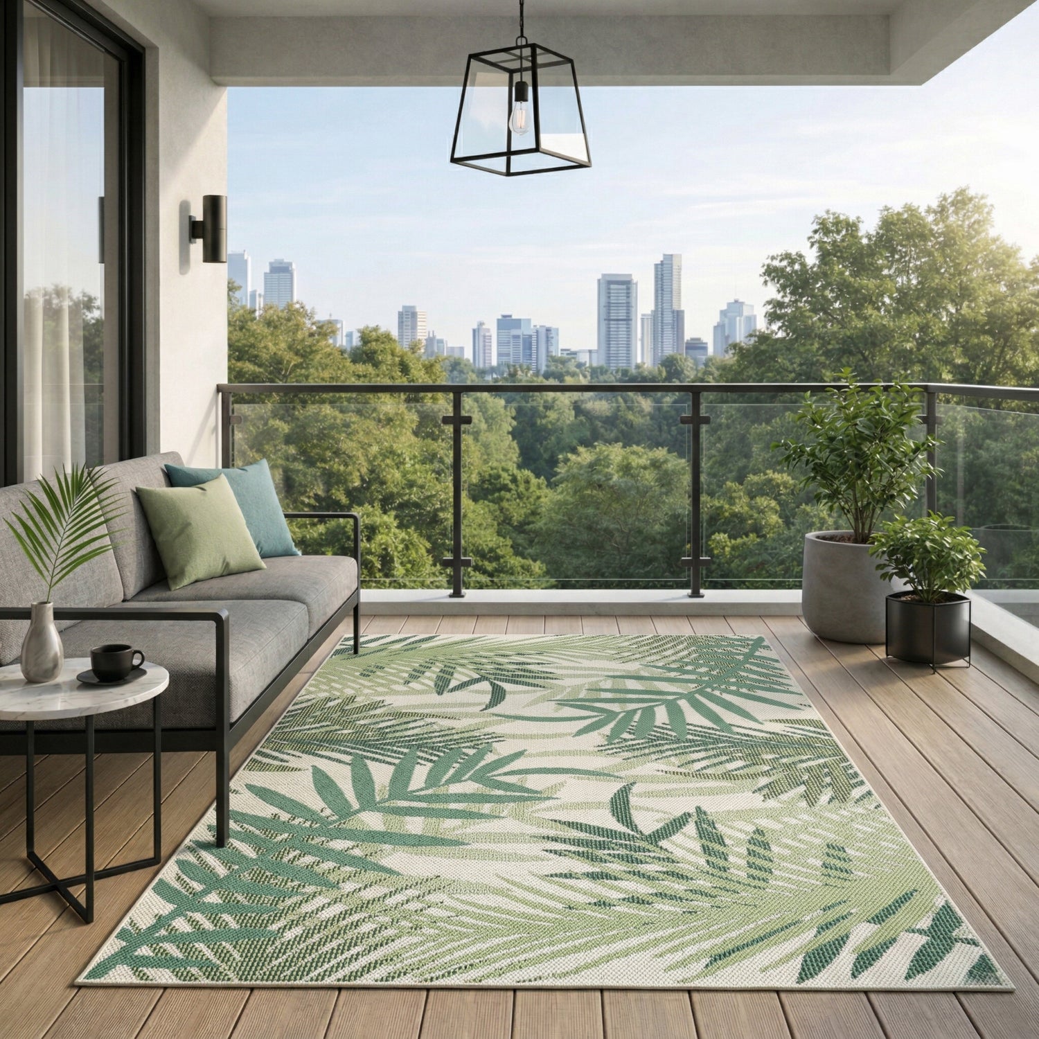 Flatweave carpet for patio, balcony, kitchen, indoor and outdoor use, palm motif, green and black-3